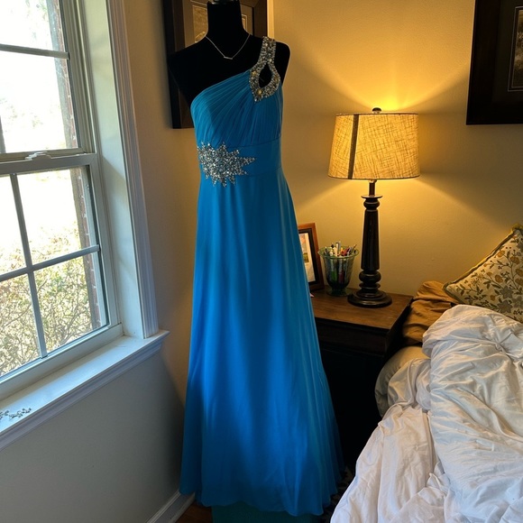 One Shoulder Corset Back Evening Gown/Formal Dress | Turquoise/Blue w/ Sequins - Picture 1 of 16